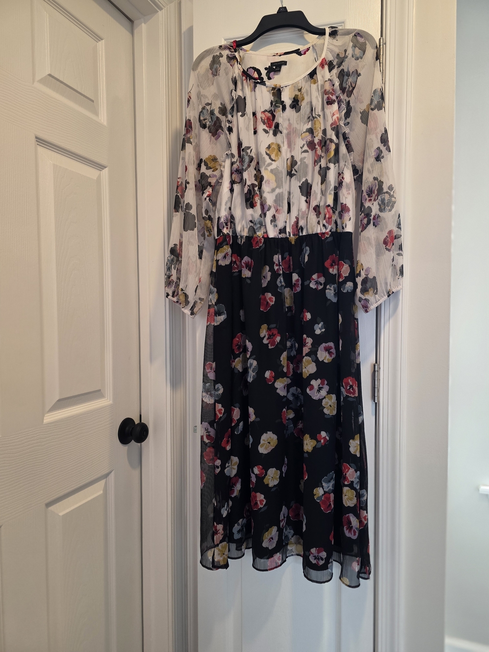 Ann Taylor Floral Midi Dress in White and Black with Multicolor Blooms